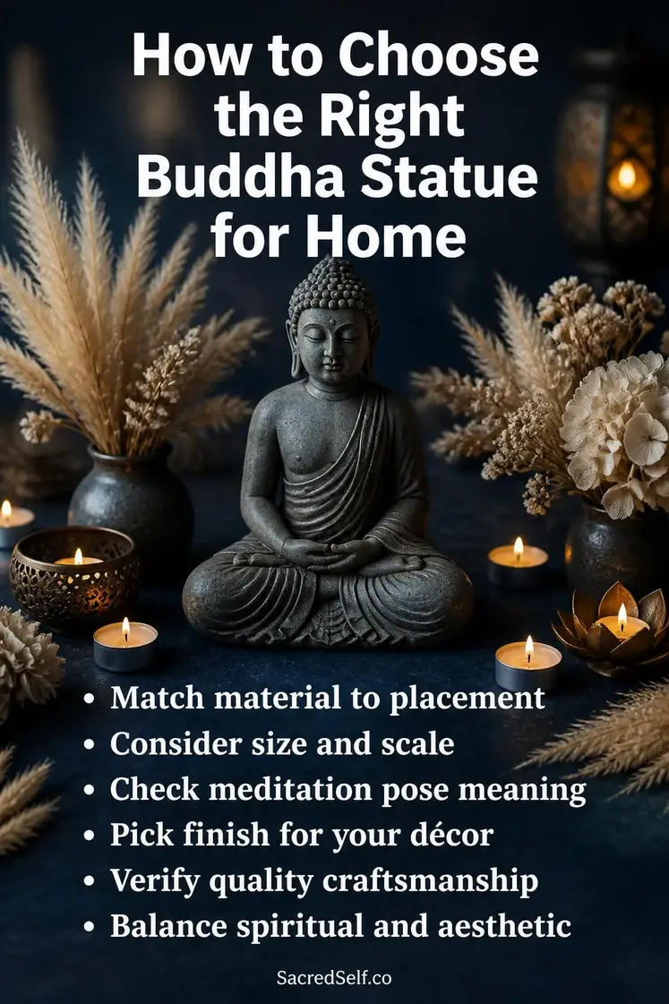 Serene Buddha statue surrounded by glowing tea light candles, dried pampas grass and cream botanicals arranged on deep indigo textured surface with soft bokeh lighting — best Buddha statues for home