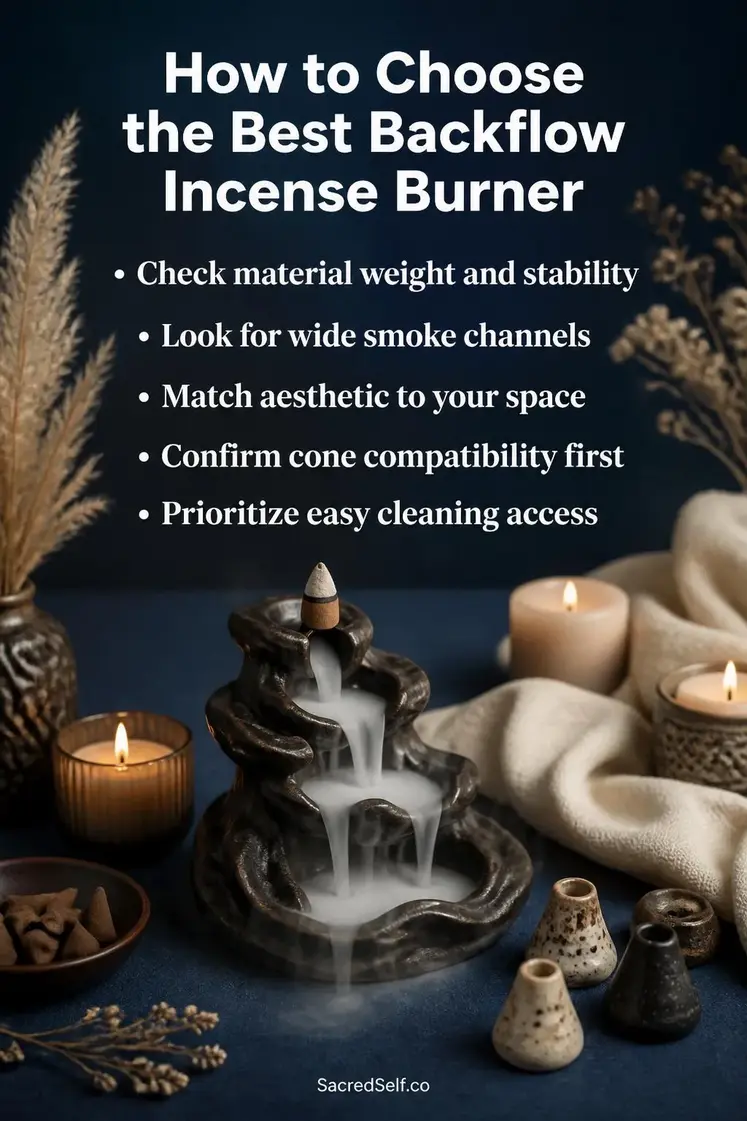 Backflow incense burner with cascading white smoke, flickering candles, dried botanicals and cream fabric on deep indigo surface with warm bokeh lighting - best backflow incense burners