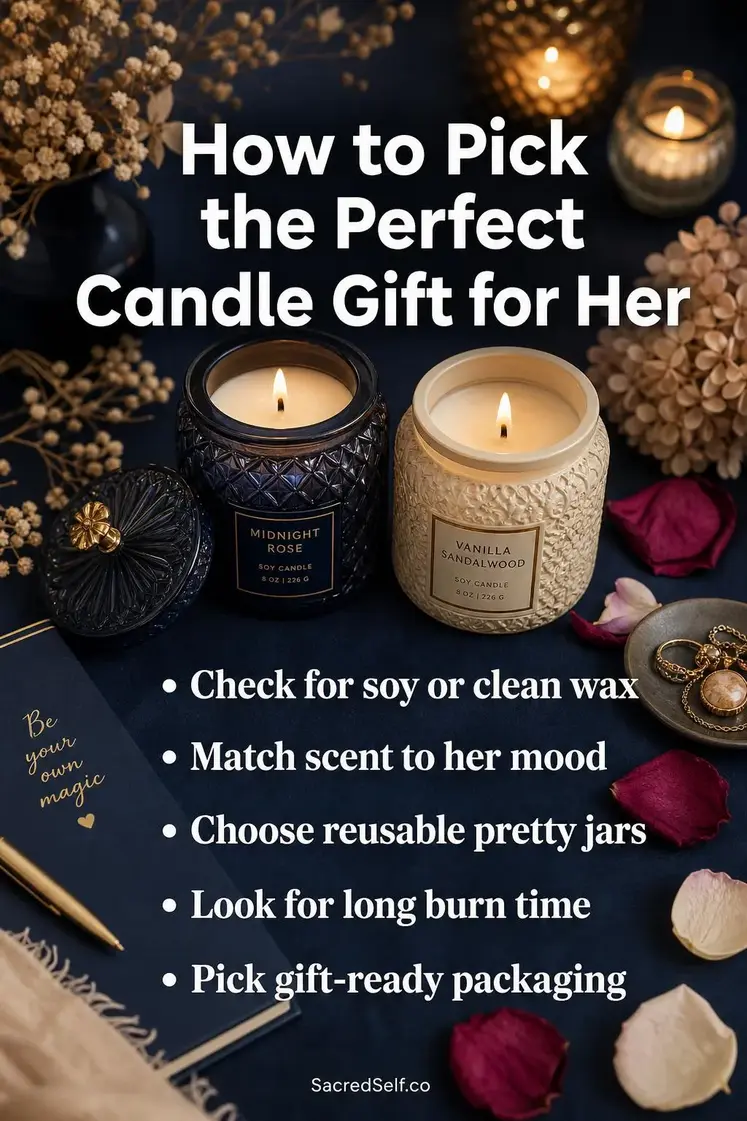 Luxury scented candles in amber and glass jars with dried roses and botanicals on deep indigo background with soft candlelight - best candles gifts for women