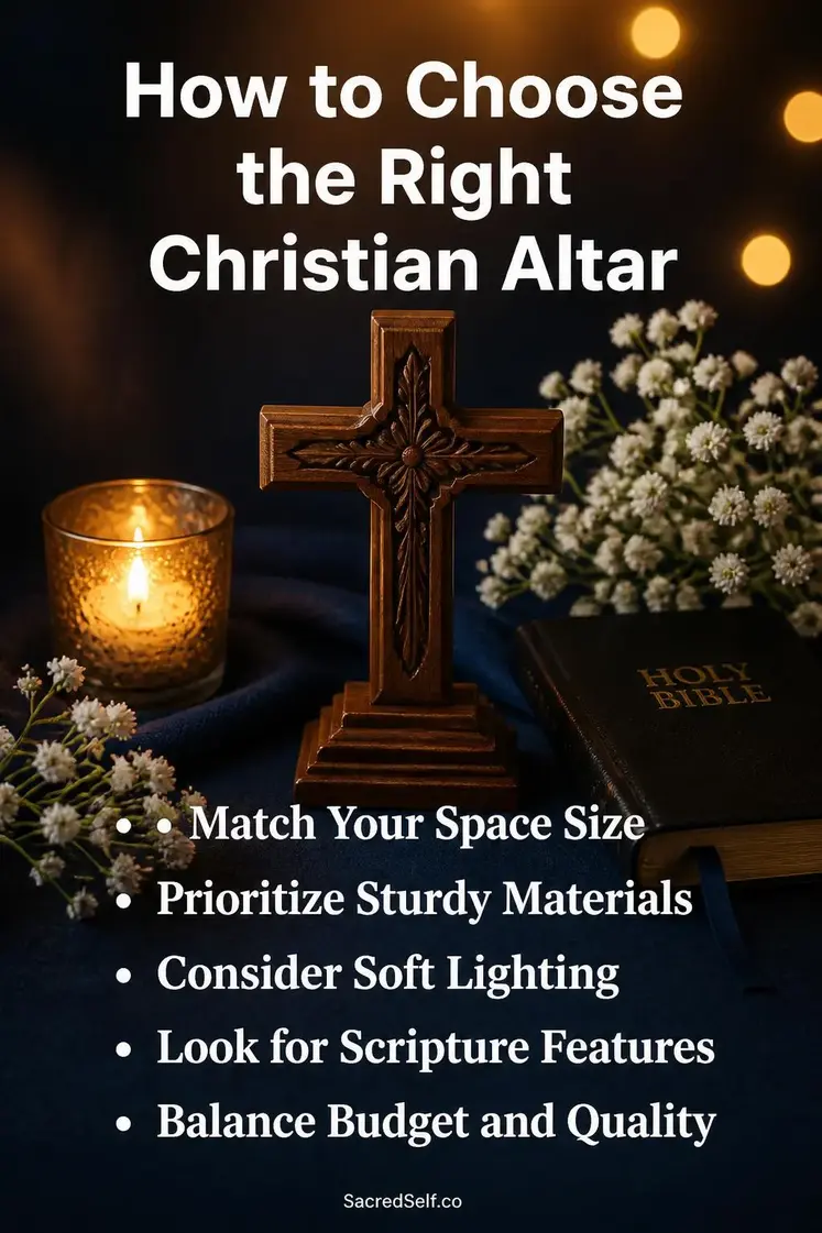 Wooden cross with devotional Bible and glowing candles arranged on deep indigo surface with cream flowers and warm bokeh lights - best christian altar for home