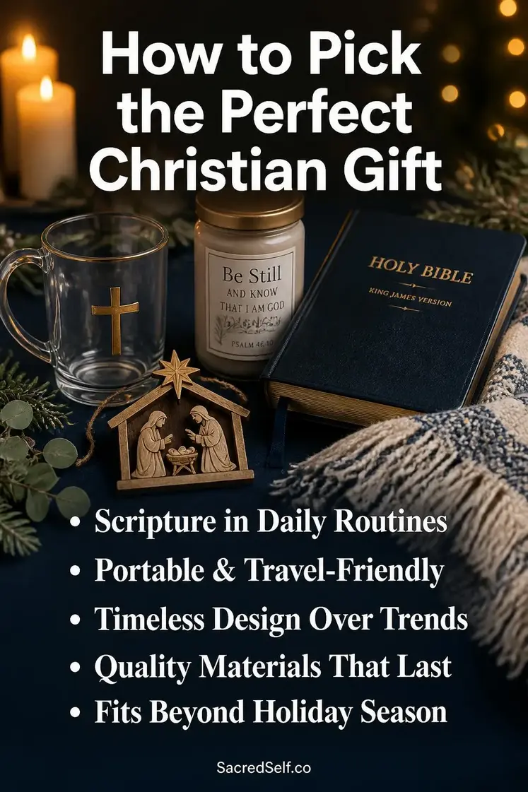 Christian glass cup, devotional Bible verse jar, throw blanket, and nativity ornament arranged on deep indigo surface with candles and winter botanicals — best christian gifts for christmas