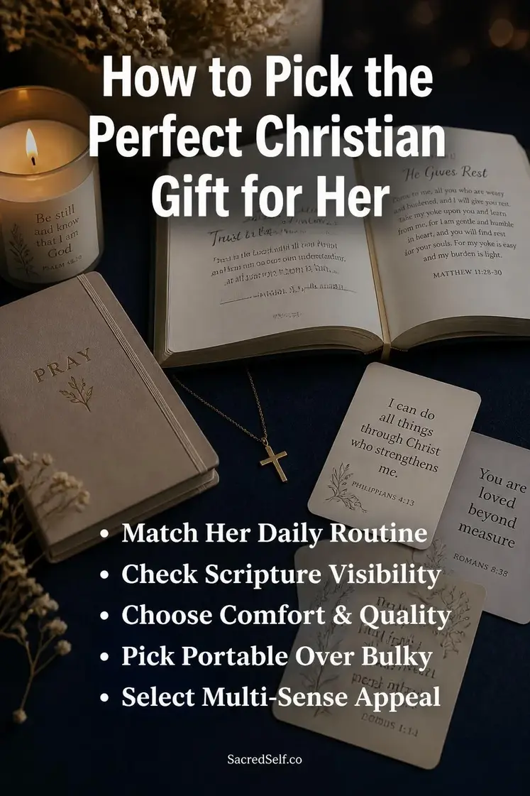 Devotional book, scripture cards, cross necklace and prayer journal arranged on deep indigo surface with candles and cream florals — best christian gifts for girlfriend