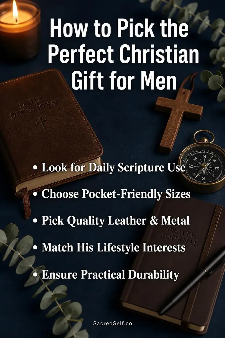 Leather devotional book, wooden cross, metal compass and prayer journal with candles and eucalyptus on deep indigo surface — best christian gifts for men