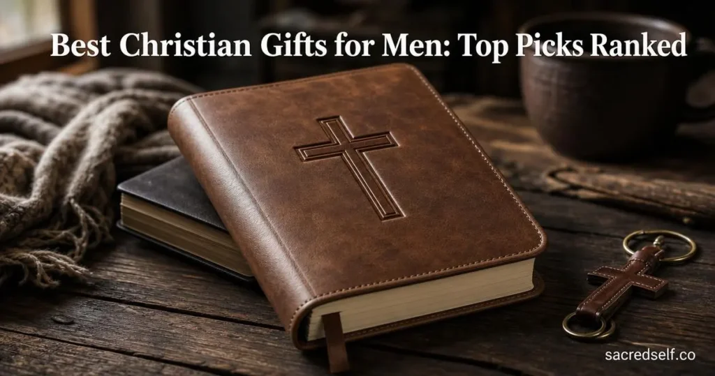 Photorealistic 16:9 cozy scene of a brown faux leather prayer journal embossed with a cross on a dark wooden table, with an engraved compass and leather cross keychain nearby; soft window light, muted dark background, large white title centered at top and small 'sacredself.co' watermark bottom right.