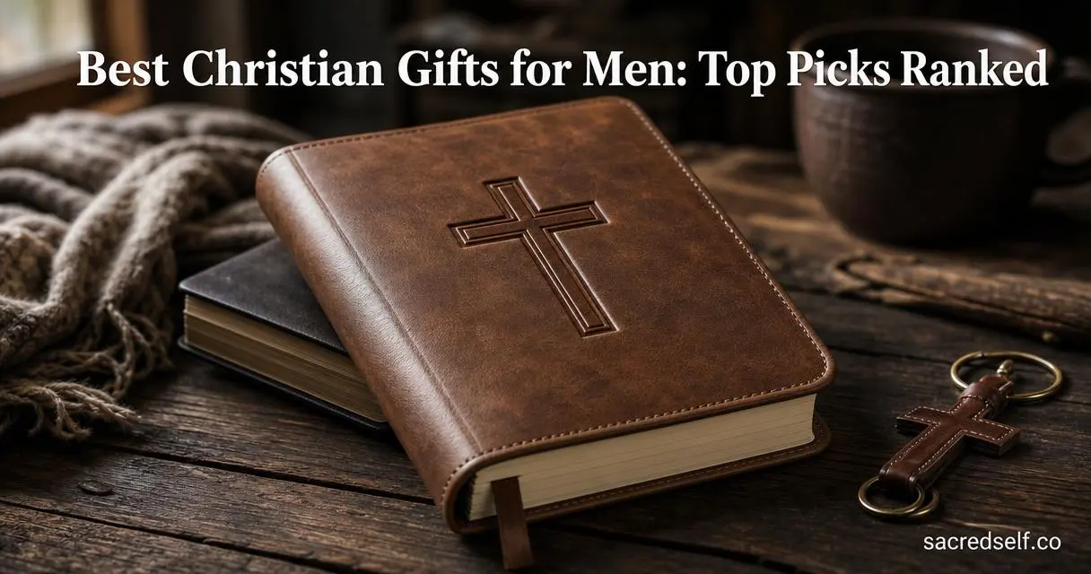 Photorealistic 16:9 cozy scene of a brown faux leather prayer journal embossed with a cross on a dark wooden table, with an engraved compass and leather cross keychain nearby; soft window light, muted dark background, large white title centered at top and small 'sacredself.co' watermark bottom right.