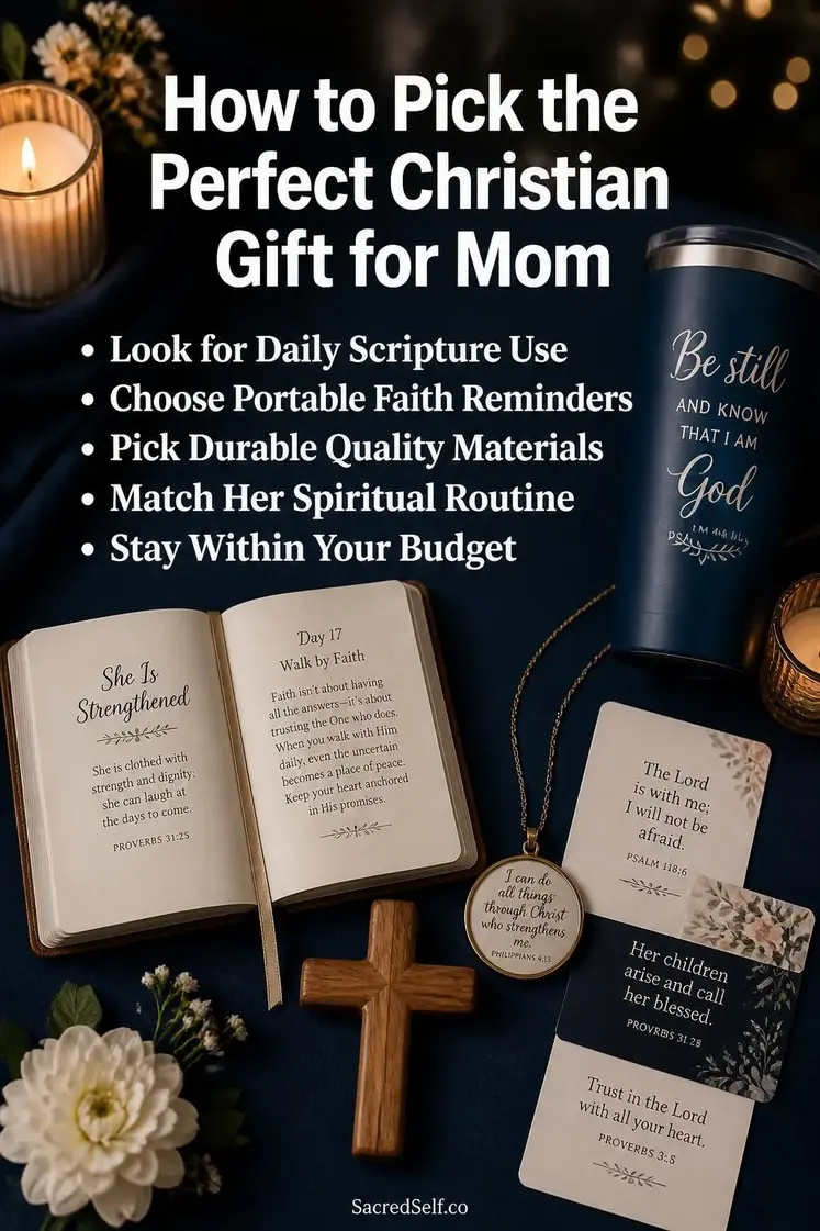 Devotional book, wooden cross, faith jewelry, and scripture cards on deep indigo surface with candles and white florals — best christian gifts for mom
