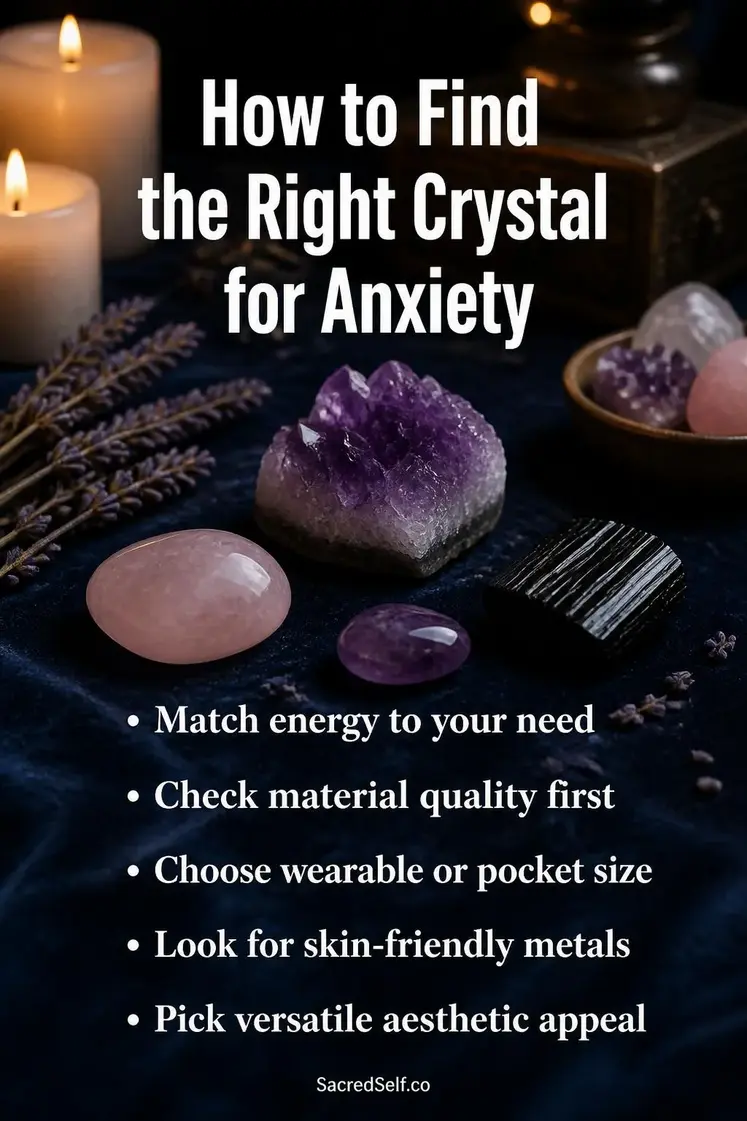Polished amethyst, rose quartz and black tourmaline crystals arranged with cream candles and lavender on deep indigo velvet surface with soft bokeh lighting — best crystals for anxiety and stress relief