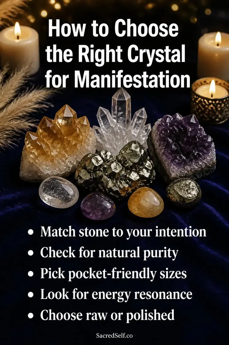 Raw citrine, clear quartz, pyrite and amethyst crystals arranged on deep indigo velvet surface with warm cream candles and dried botanicals in soft golden light - best crystals for manifestation