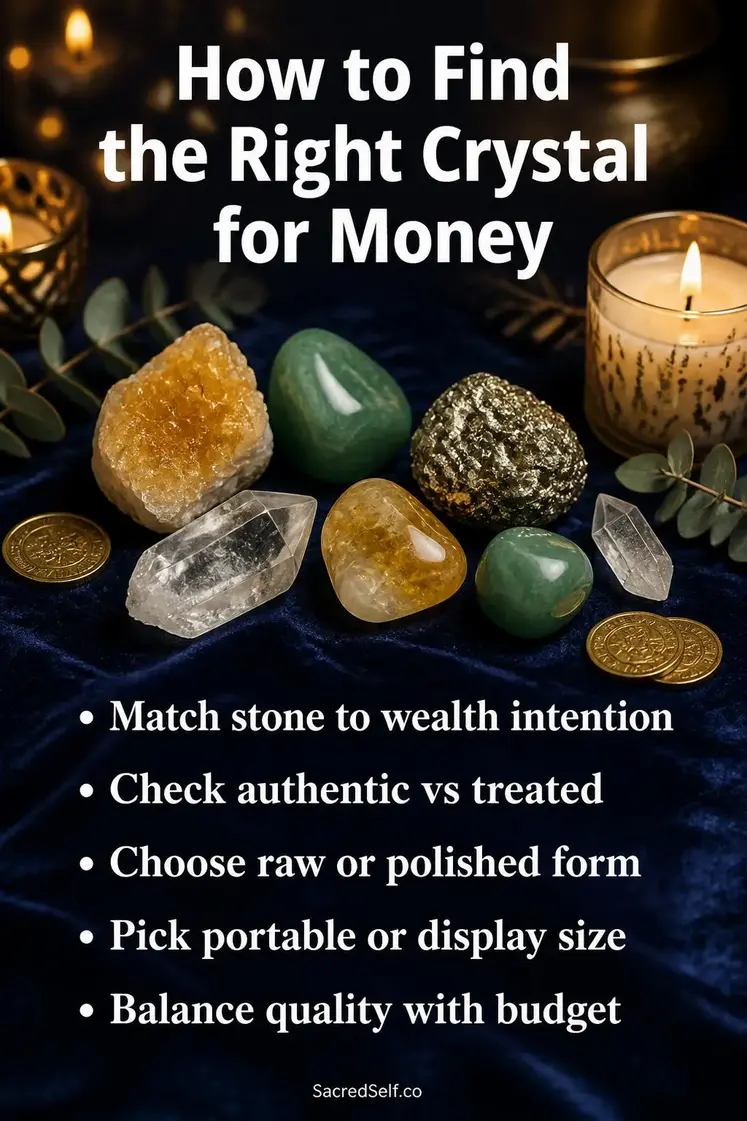 Raw citrine, green aventurine, pyrite and polished crystals arranged on deep indigo velvet with gold candles, coins and eucalyptus sprigs - best crystals for money