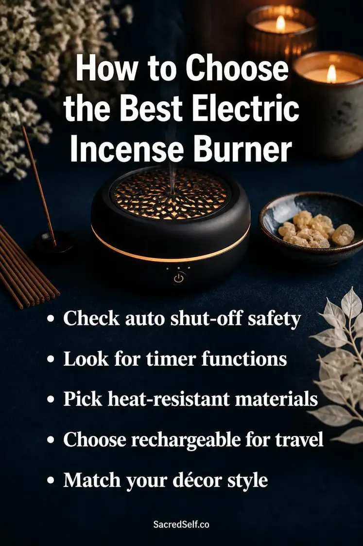 Electric incense burner with soft LED glow surrounded by incense sticks, resin in ceramic dish, white botanicals and candles on deep indigo surface - best electric incense burners