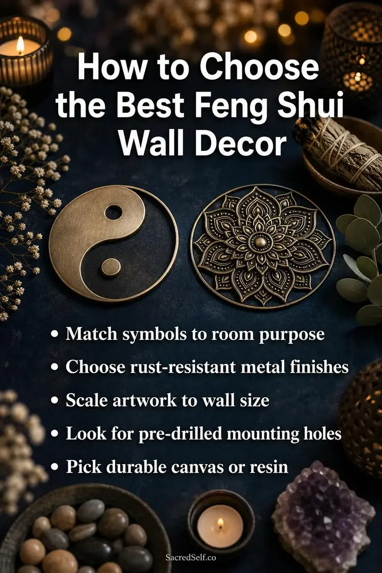 Feng shui metal wall art with yin-yang symbol, decorative mandala, candles and sage on deep indigo surface with warm bokeh lighting - best feng shui wall decor