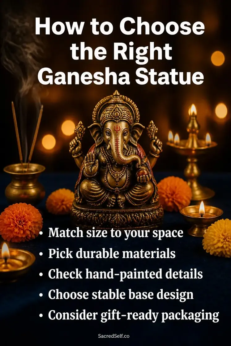 Ornate Ganesha statue surrounded by brass oil lamps, marigold flowers and incense on deep indigo velvet surface with warm golden candlelight - best ganesha statues