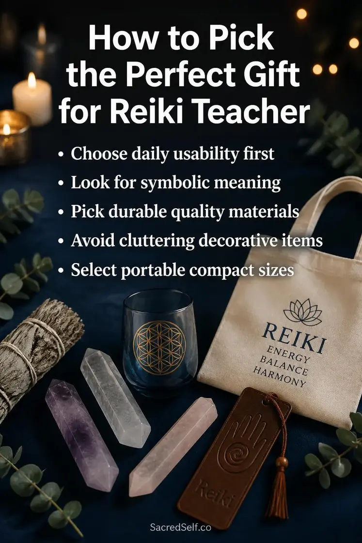 Reiki healing tools including crystal wands, sage, tumbler and tote bag arranged on deep indigo surface with candles and botanicals - best gifts for reiki teacher