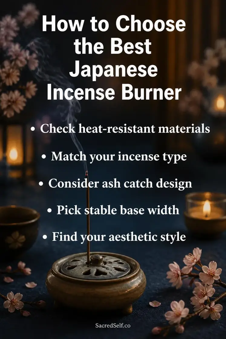 Japanese incense burner with rising smoke, cherry blossoms, warm candles and meditation items arranged on deep indigo surface with soft golden bokeh lighting - best japanese incense burners