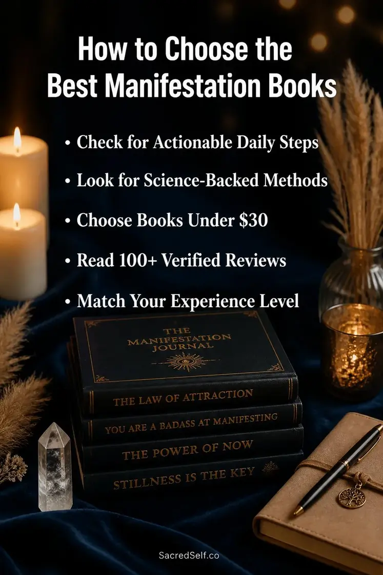 Stack of manifestation books with gold details surrounded by cream candles, pampas grass, and clear quartz crystal on deep indigo velvet surface — best manifestation books