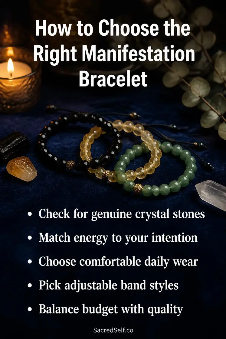 Crystal bead bracelets with obsidian and citrine stones arranged on deep indigo velvet surface with candles and eucalyptus sprigs in soft candlelight - best manifestation bracelet