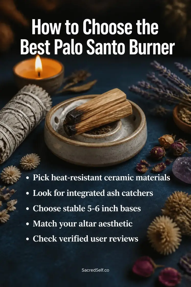 Palo santo sticks on ceramic burner with candle, sage bundle and dried botanicals arranged on deep indigo surface - best palo santo burner