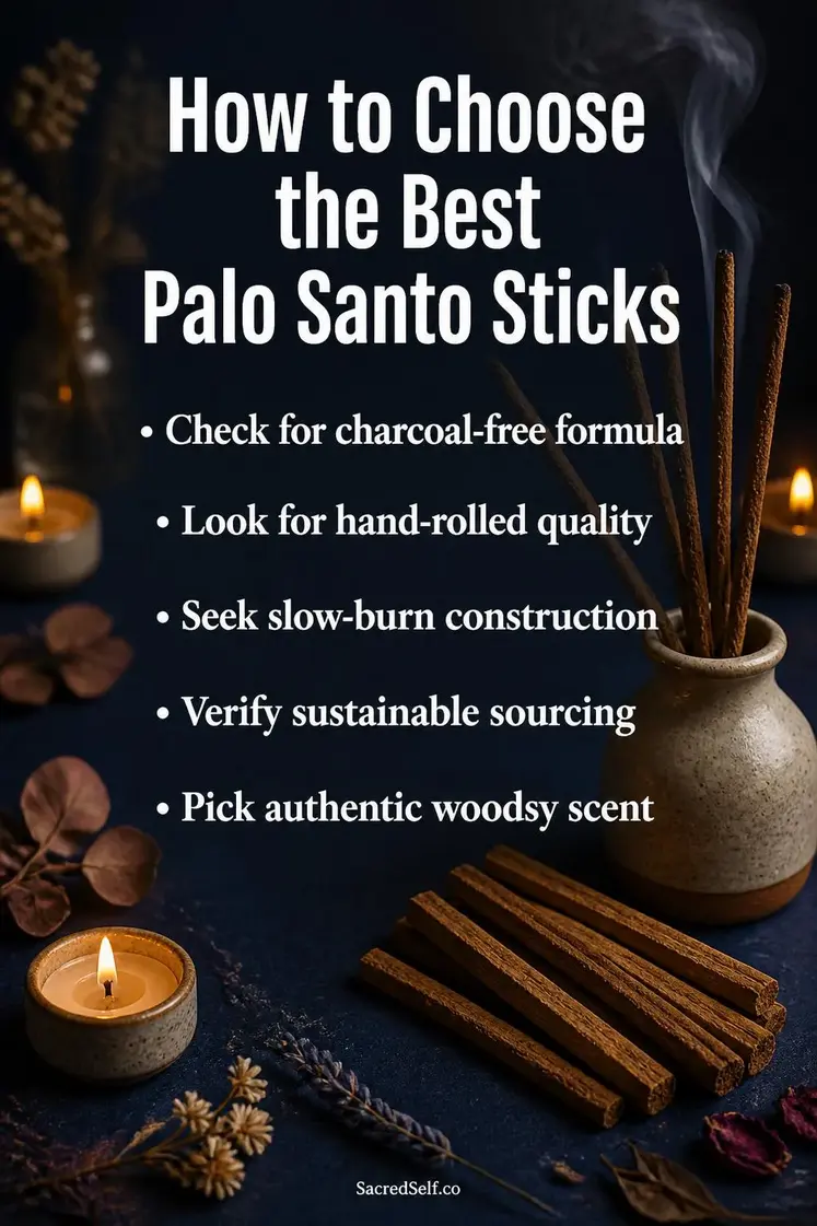 Bundle of natural palo santo incense sticks in ceramic holder with rising smoke, cream candles and dried botanicals arranged on deep indigo surface - best palo santo incense sticks