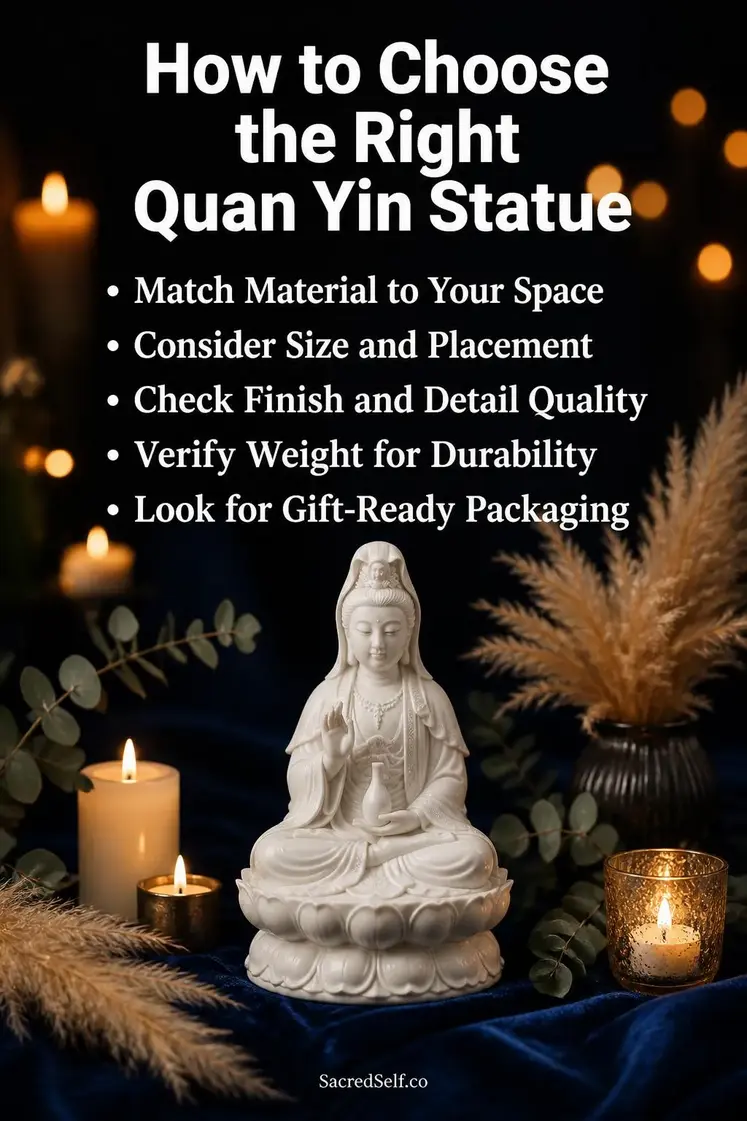 White Quan Yin statue centered on dark indigo surface with cream candles, pampas grass and eucalyptus creating a serene meditation flat lay - best quan yin statues