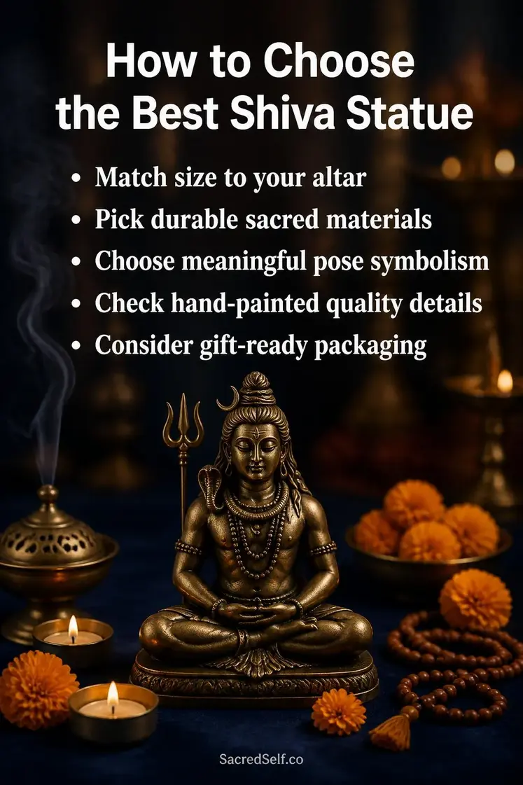 Bronze Shiva statue surrounded by marigold flowers, burning incense, candles and prayer beads on dark indigo surface with warm bokeh lighting - best shiva statue