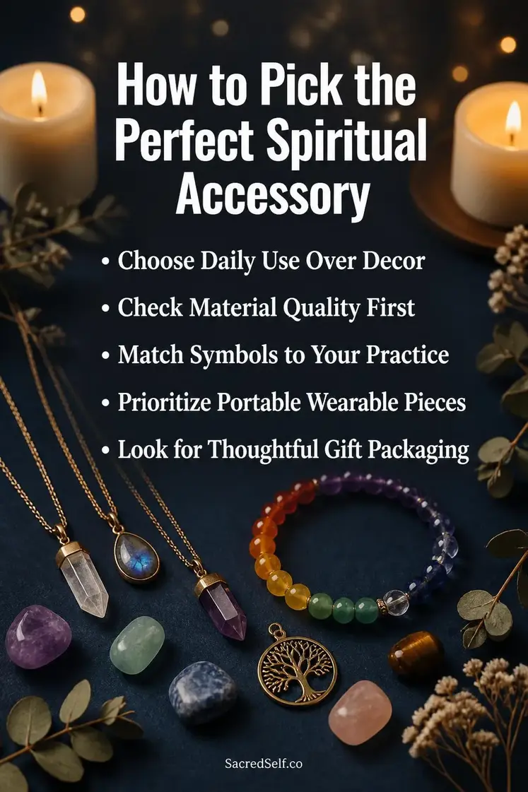 Crystal necklaces, chakra bracelets, and tree of life charms arranged on deep indigo surface with cream candles and eucalyptus sprigs - best spiritual accessories for women