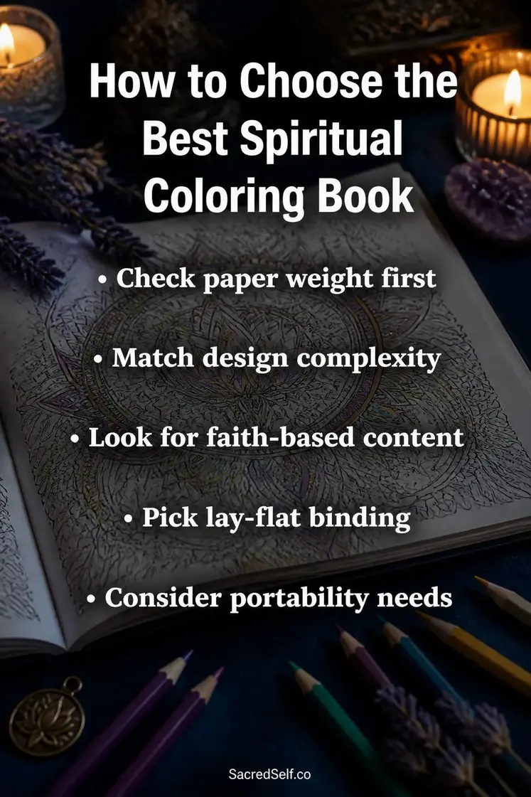 Open spiritual coloring book with mandala designs, colored pencils, candles and lavender on deep indigo surface - best spiritual adult coloring book