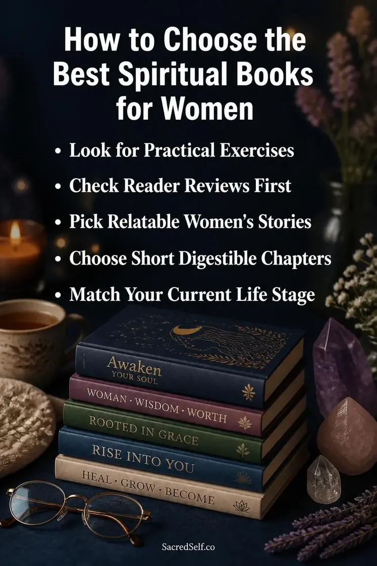 Stack of spiritual books with reading glasses, tea cup, crystals and candles arranged on dark indigo surface - best spiritual books for women