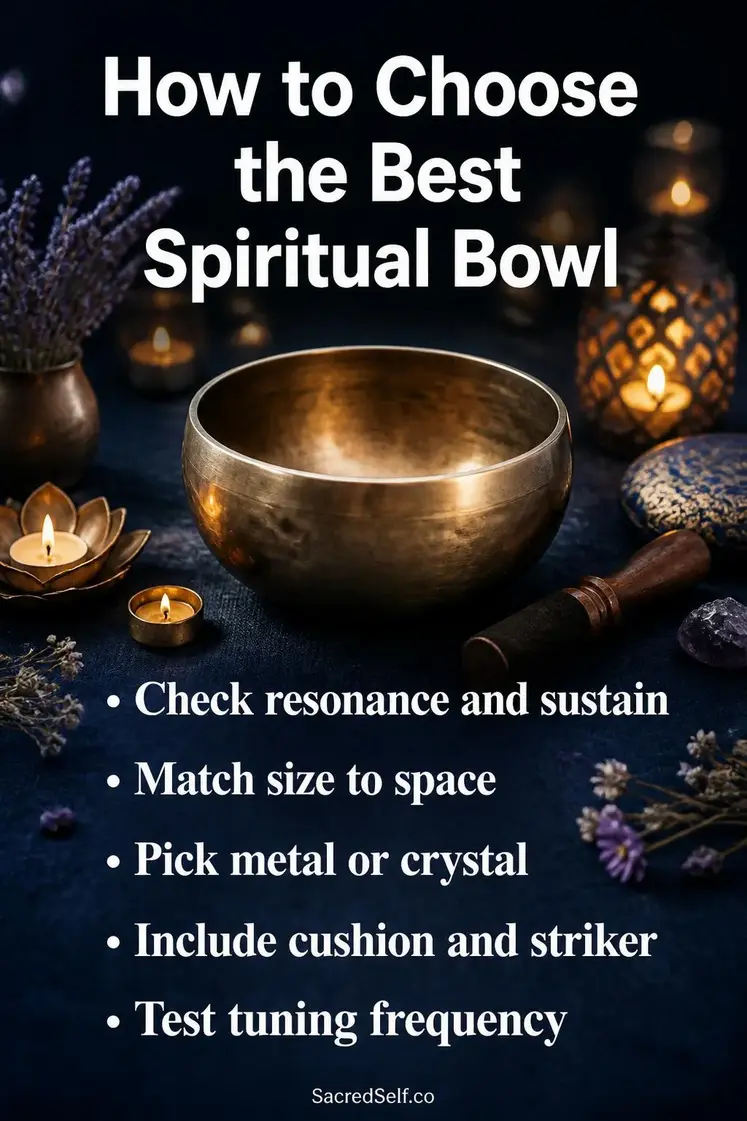 Singing bowl with wooden striker resting on dark indigo surface beside lit candles and botanical sprigs with warm bokeh lights - best spiritual bowls