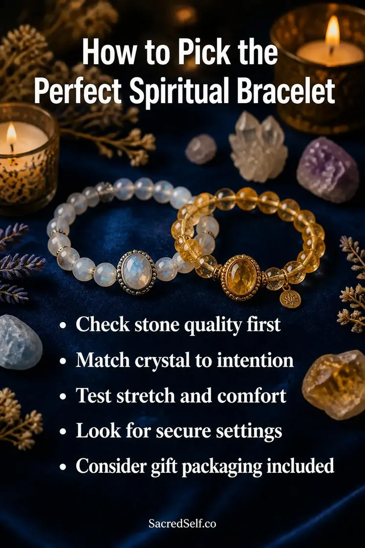 Spiritual stone bracelets with moonstone and citrine beads arranged on deep indigo velvet surface with lit candles and crystals - best spiritual bracelets for women