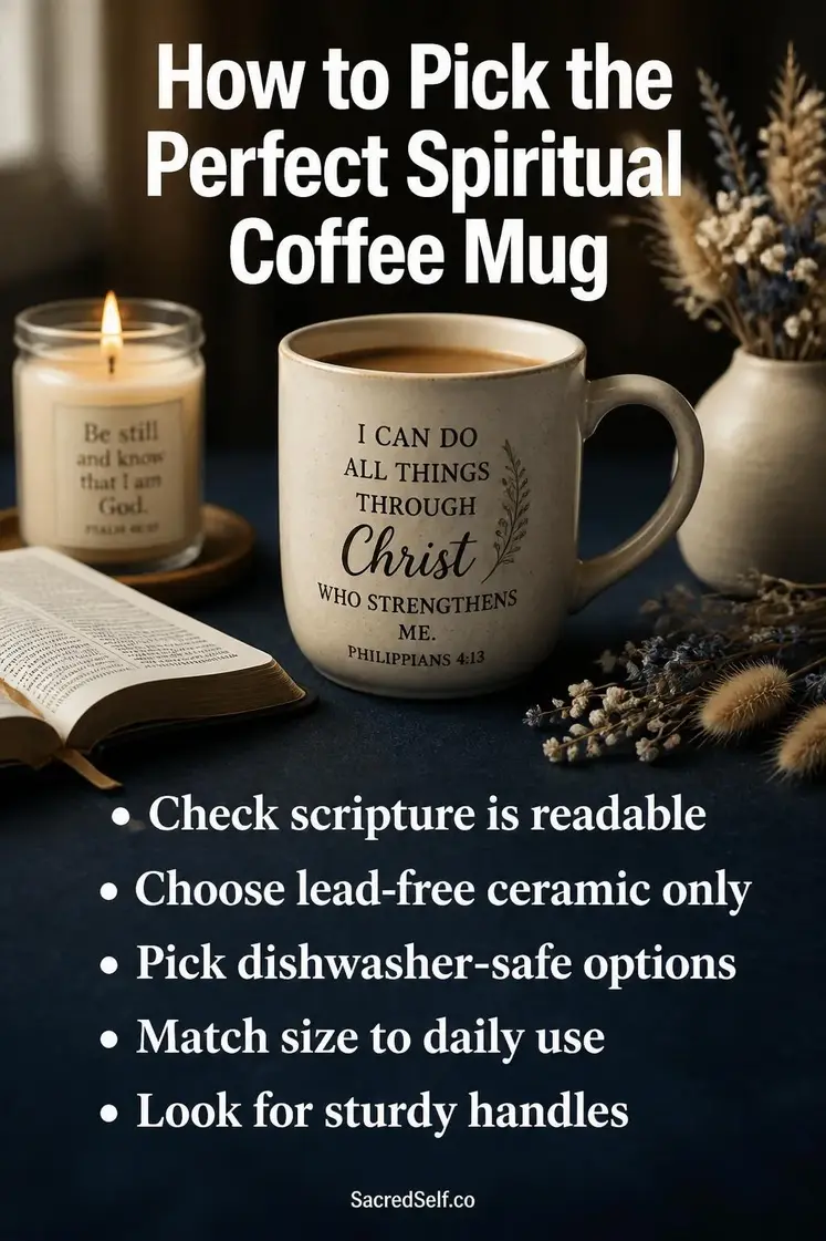 Coffee mug with scripture text, open Bible, prayer candle and dried flowers arranged on deep indigo surface - best spiritual coffee mugs