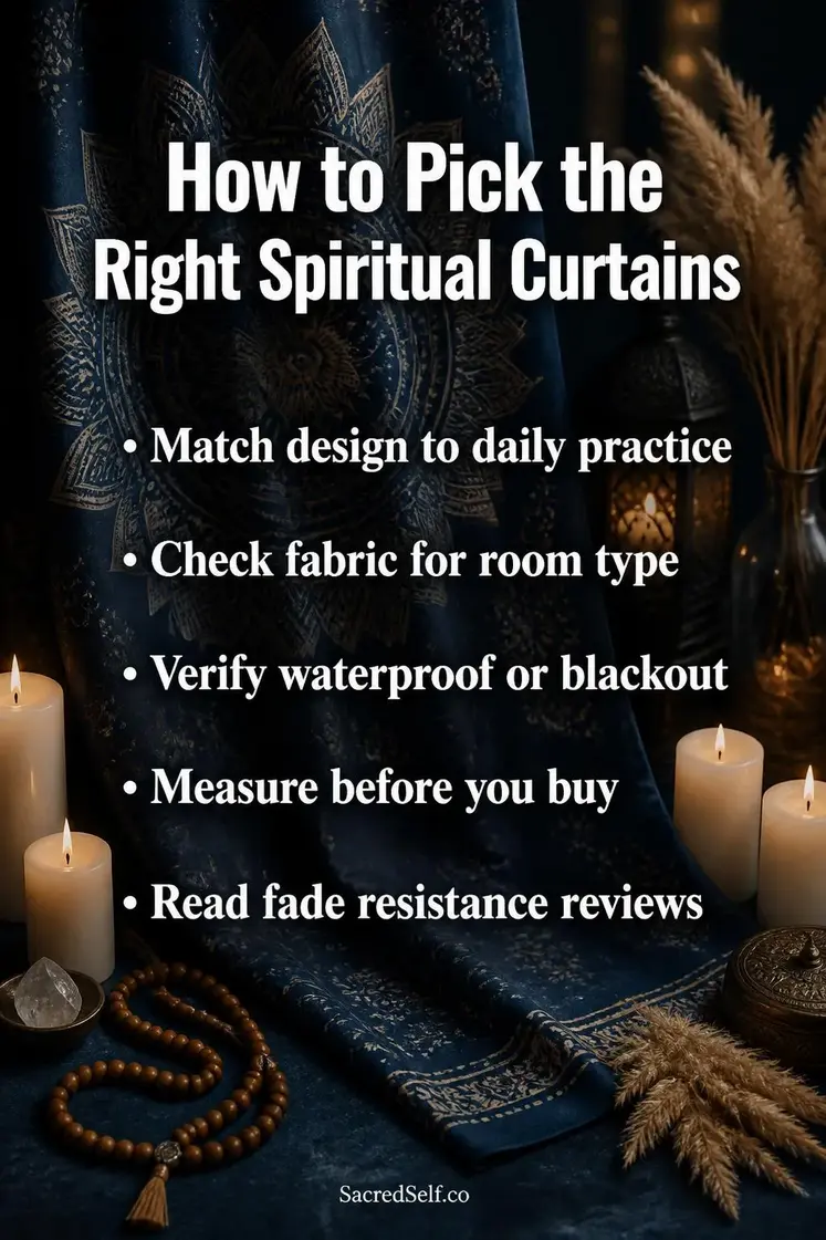 Flowing spiritual curtain fabric with mandala design draped on dark indigo surface surrounded by white candles, prayer beads, and dried botanicals - best spiritual curtains