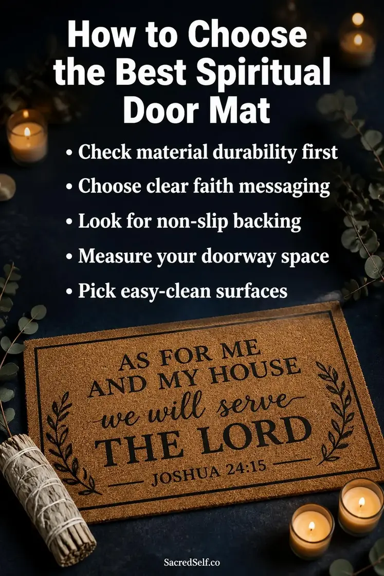 Spiritual doormat with uplifting text surrounded by white sage, prayer candles and eucalyptus on deep indigo surface with warm bokeh lights - best spiritual door mats