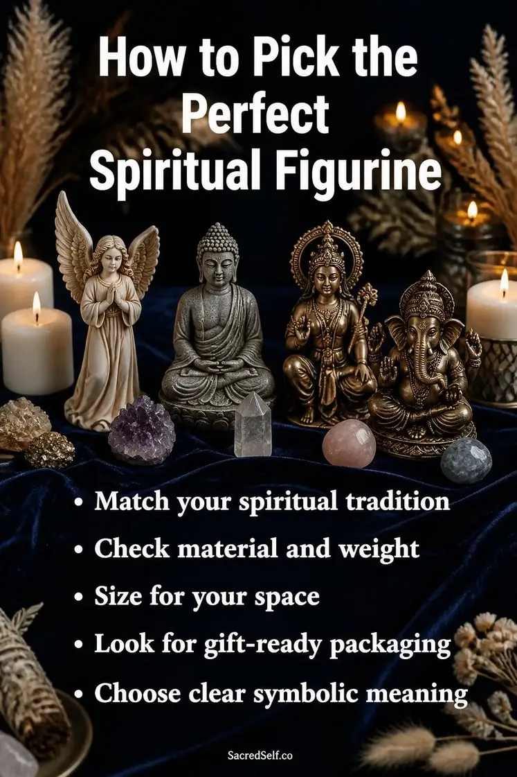 Spiritual figurines including angel and goddess statues arranged with white candles and crystals on deep indigo surface with warm candlelight - best spiritual figurines