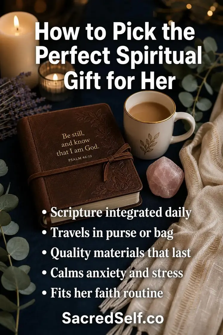 Devotional journal, rose quartz crystal, ceramic mug and prayer shawl arranged on deep indigo surface with cream candles and lavender sprigs — best spiritual gifts for women