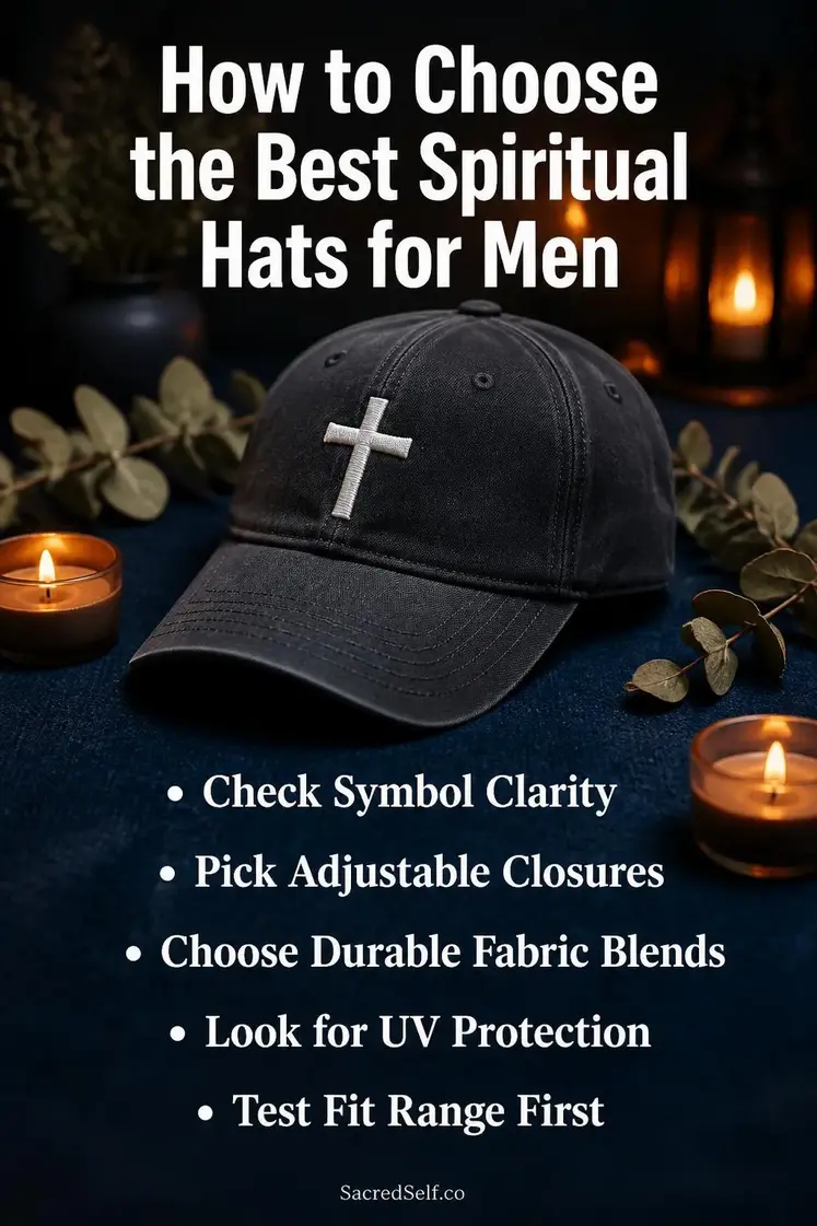 Baseball cap with faith emblem displayed on dark indigo surface surrounded by lit candles and eucalyptus branches with warm bokeh lighting - best spiritual hats for men