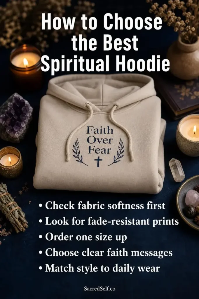 Folded hoodie surrounded by candles, crystals and botanical elements on deep indigo surface with warm lighting - best spiritual hoodies