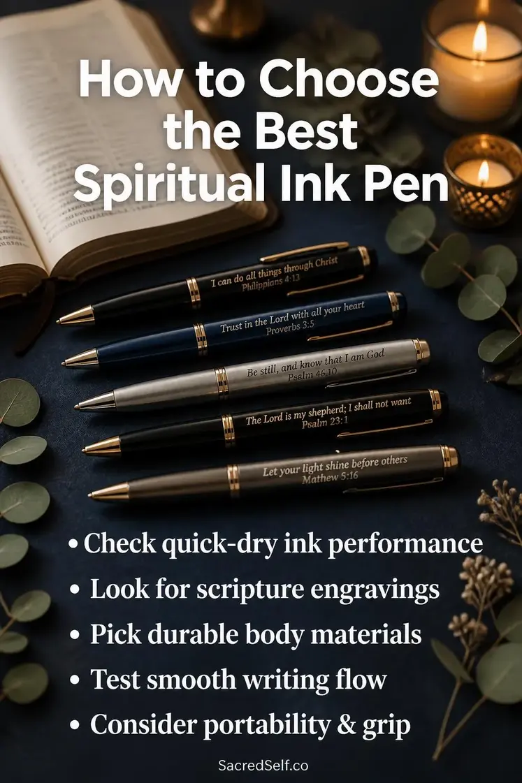 Elegant pens with engraved verses, open Bible with cream pages, glowing candles and eucalyptus sprigs arranged on deep indigo surface — best spiritual ink pens