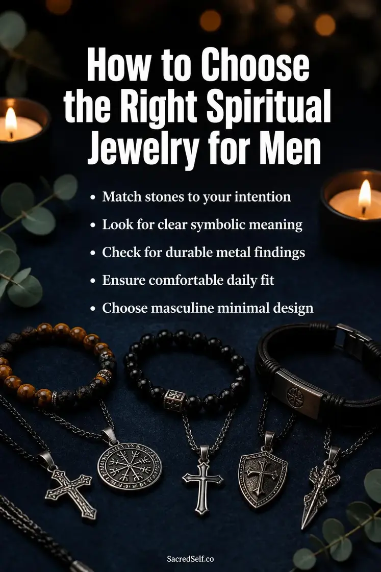 Men's spiritual jewelry including stone bracelets with tiger eye and obsidian beads, metal cross pendants and leather cord bracelets arranged on deep indigo surface with candles and eucalyptus - best spiritual jewelry for men