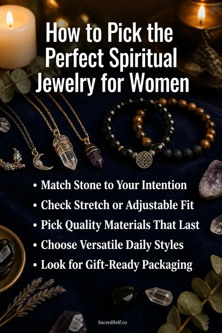 Crystal pendant necklaces and beaded bracelets with obsidian and tiger eye stones arranged on deep indigo velvet surface with cream candles and eucalyptus - best spiritual jewelry for women