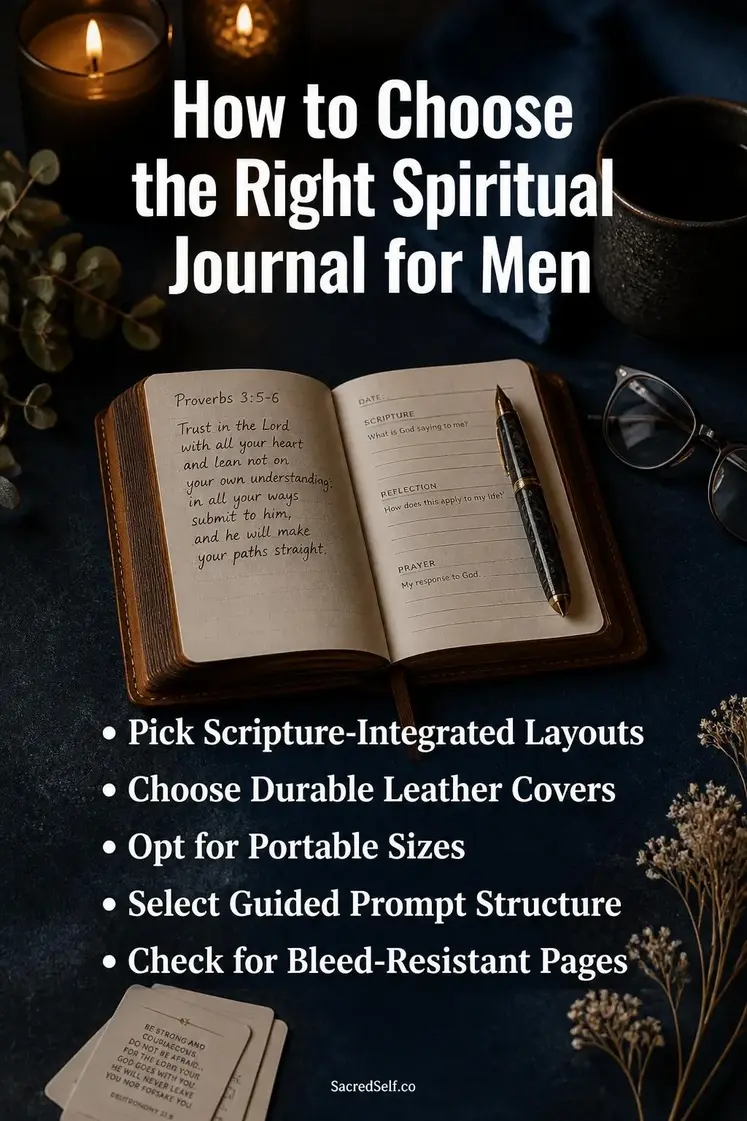 Leather journal with open pages, fountain pen, Bible, coffee mug and reading glasses on deep indigo surface with warm candlelight - best spiritual journal for men