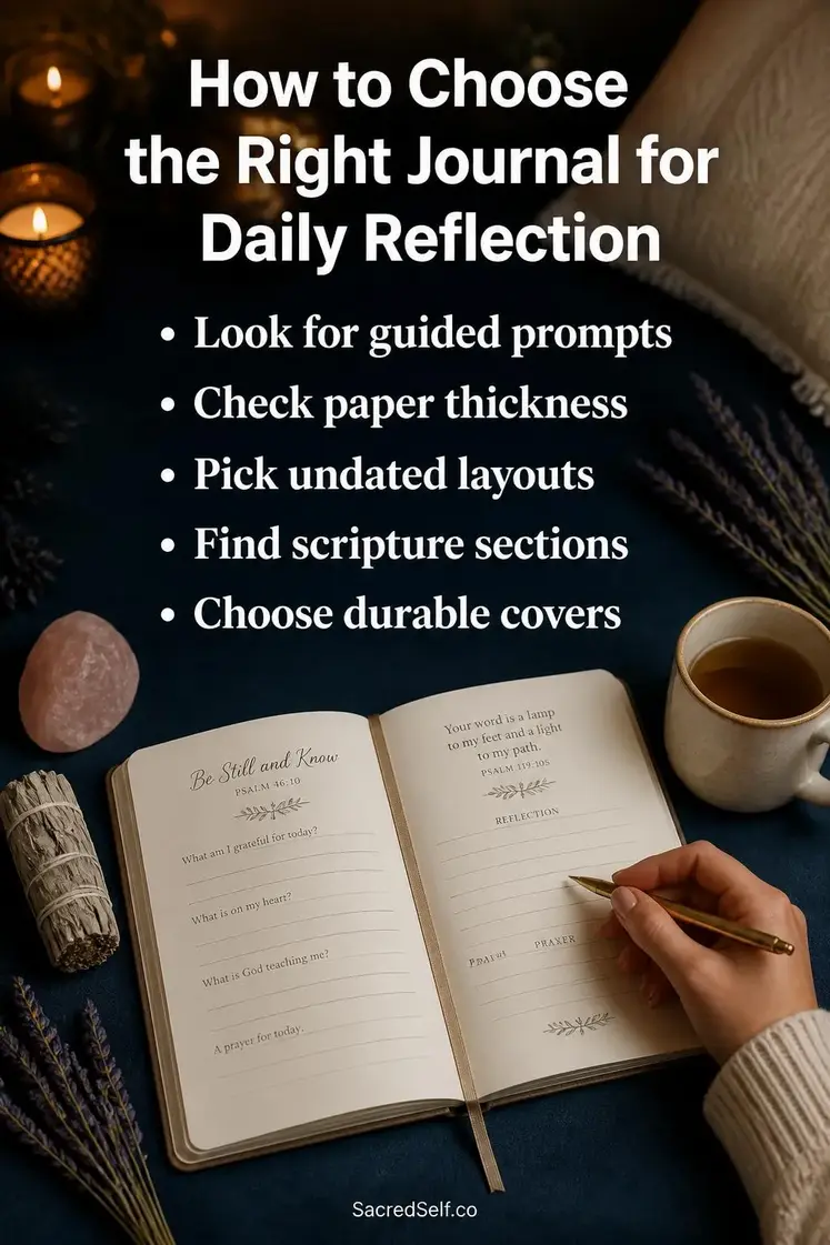 Open journal with pen, rose quartz crystal, sage bundle and tea cup on deep indigo surface with candlelight - best spiritual journal for women