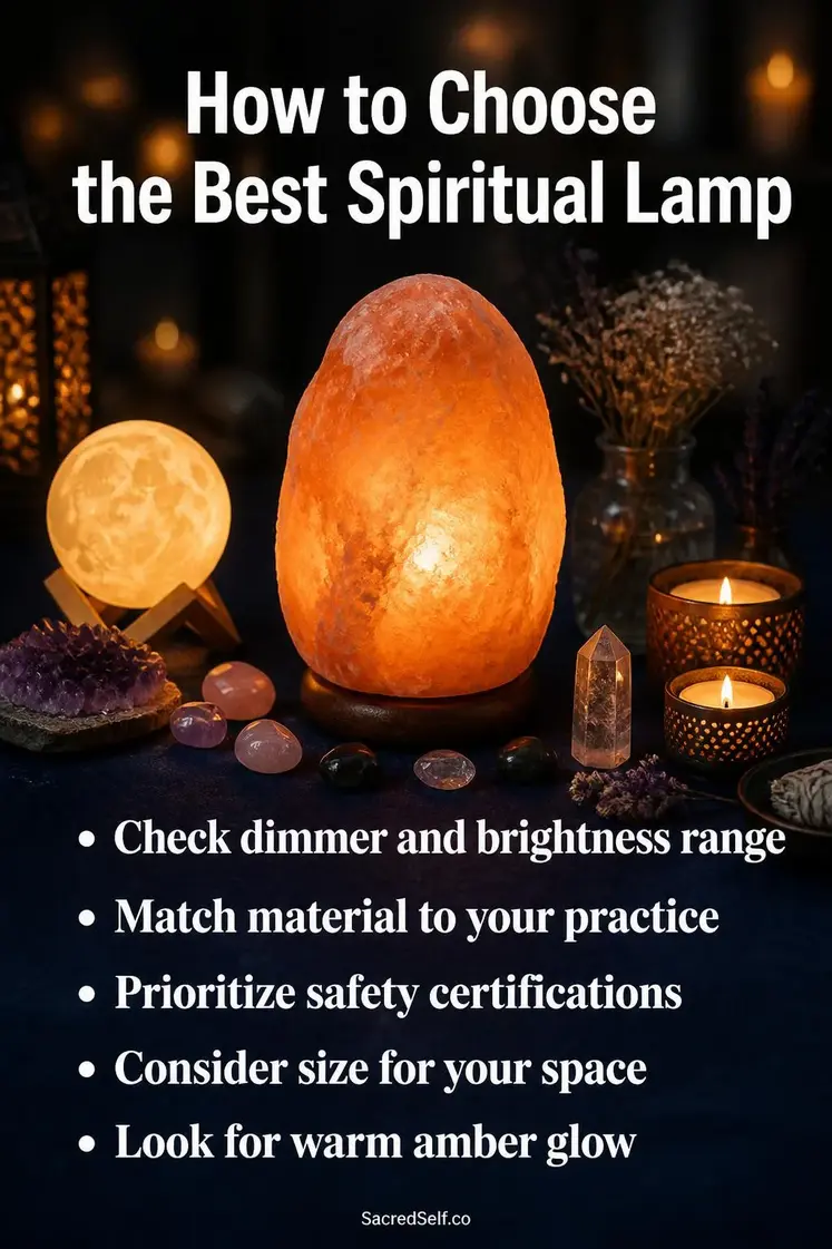 Glowing Himalayan salt lamp with moon lamp, crystals, lit candles and soft botanicals arranged on deep indigo surface with warm amber bokeh light - best spiritual lamp