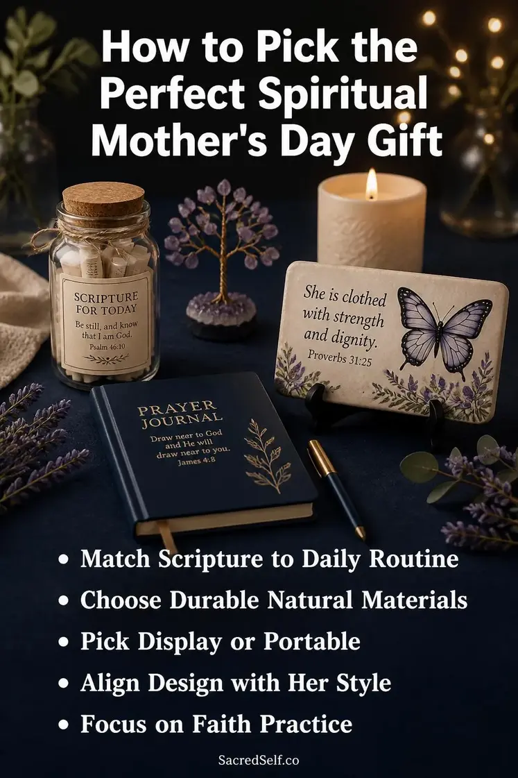 Scripture card jar, crystal tree, prayer journal and butterfly plaque arranged on deep indigo surface with cream candles and soft botanicals - best spiritual mother's day gifts