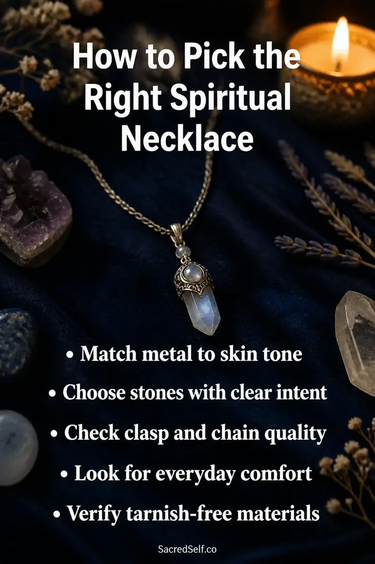 Elegant spiritual necklace with crystal pendant draped on deep indigo velvet surface surrounded by small crystals, soft botanicals and warm candlelight creating bokeh effect - best spiritual necklace for women
