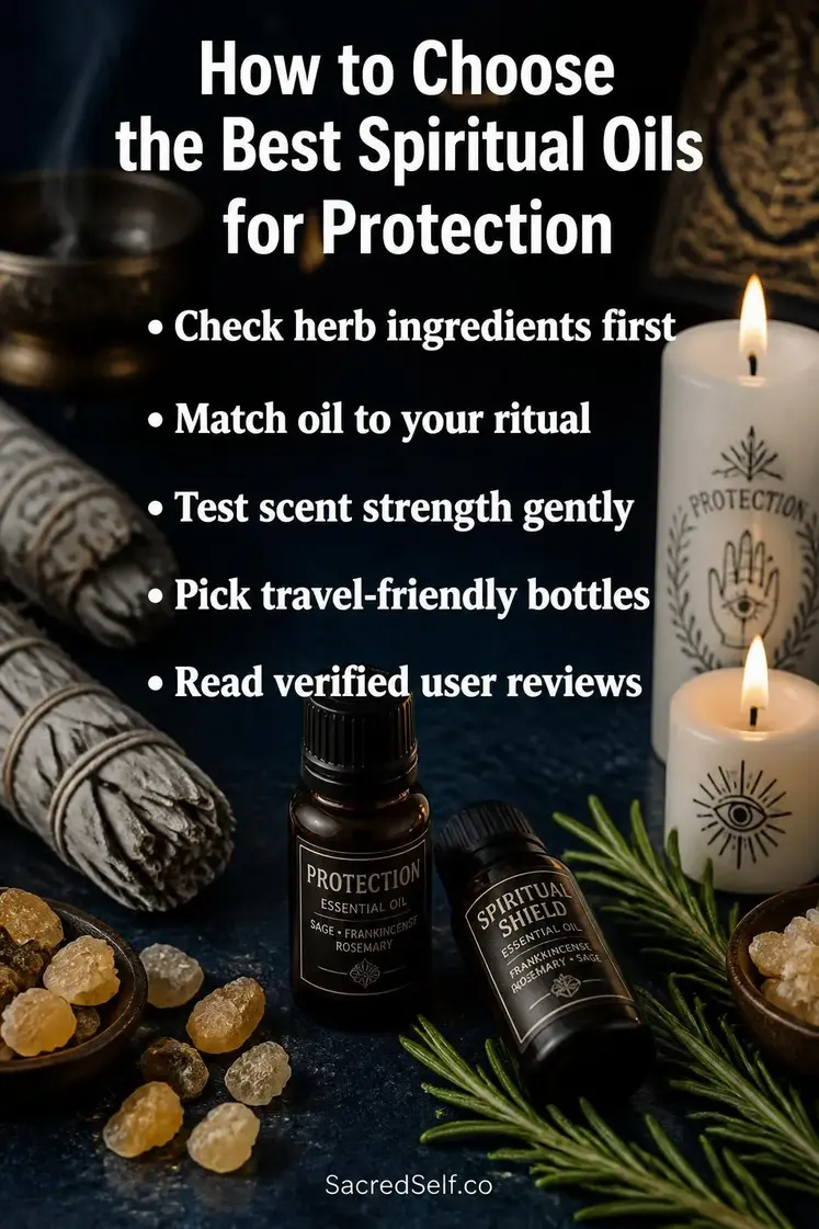 Amber essential oil bottles with dried sage, frankincense resin, rosemary sprigs and white candles on deep indigo surface with warm bokeh lighting - best spiritual oils for protection