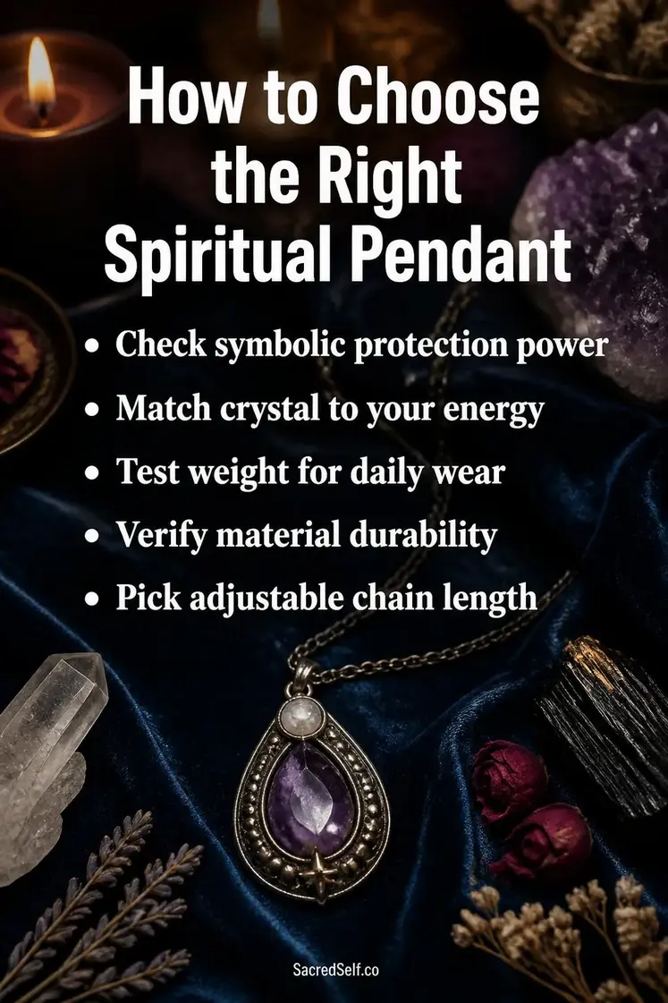 Crystal pendant necklace displayed on deep indigo velvet with lit candles, raw healing stones, and botanical elements in warm candlelight - best spiritual pendants