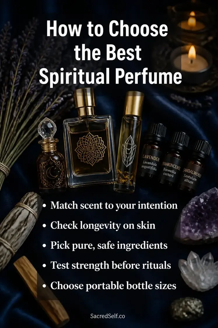 Perfume bottles, essential oils, dried lavender, white sage, palo santo and crystals arranged on deep indigo silk with candlelight bokeh - best spiritual perfume