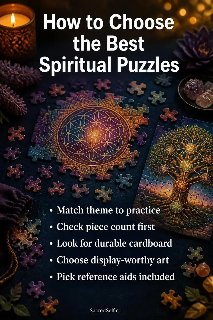Colorful jigsaw puzzle pieces with sacred geometry and mandala designs on deep indigo surface with candles and botanicals - best spiritual puzzles for adults