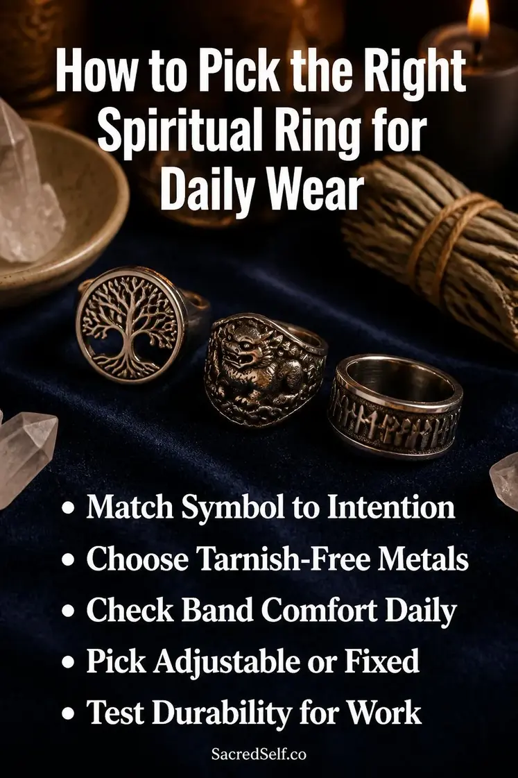 Masculine spiritual rings with Tree of Life and Pixiu designs displayed on dark indigo velvet surface with white crystals, black candles, and dried sage - best spiritual rings for men