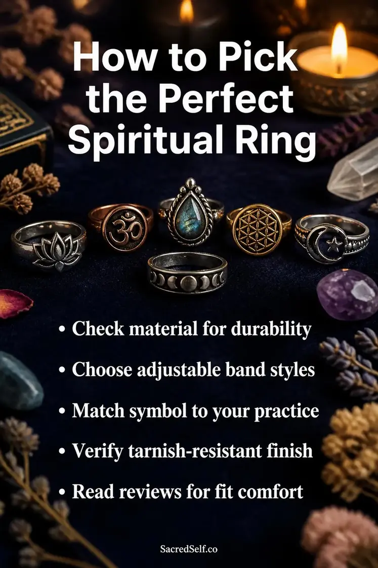 Silver spiritual rings with lotus and chakra symbols displayed on deep indigo velvet surface with flickering candles, amethyst crystals and dried flowers creating warm atmospheric lighting - best spiritual rings for women